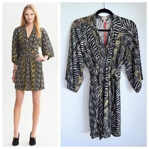 Banana Republic x Issa London 3/4 Sleeve Zebra Print Kimono Dress in Dark Olive
